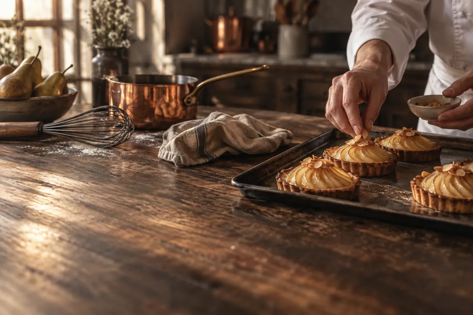 Concept photograph of anonymous hands finishing pear tartlets at a pastry bench.